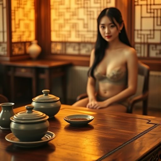 茶室内的木桌与精致茶具