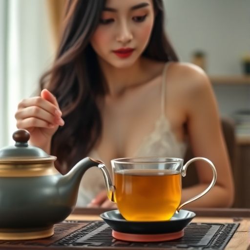 茶具上蒸汽袅袅，茶汤缓缓流入杯中，画面宁静