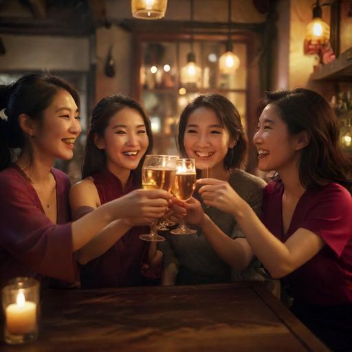 几位朋友在灯光温馨的酒吧里愉快交谈并理性碰杯庆祝