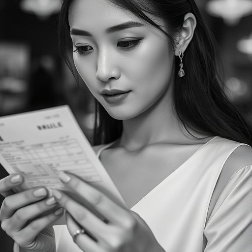 一位消费者正在吧台前认真核对消费账单的特写照片