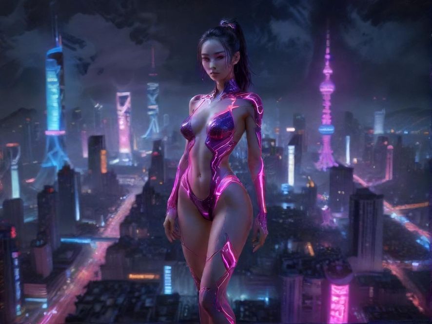 赛博朋克风格的都市夜景,从高处俯瞰城市天际线