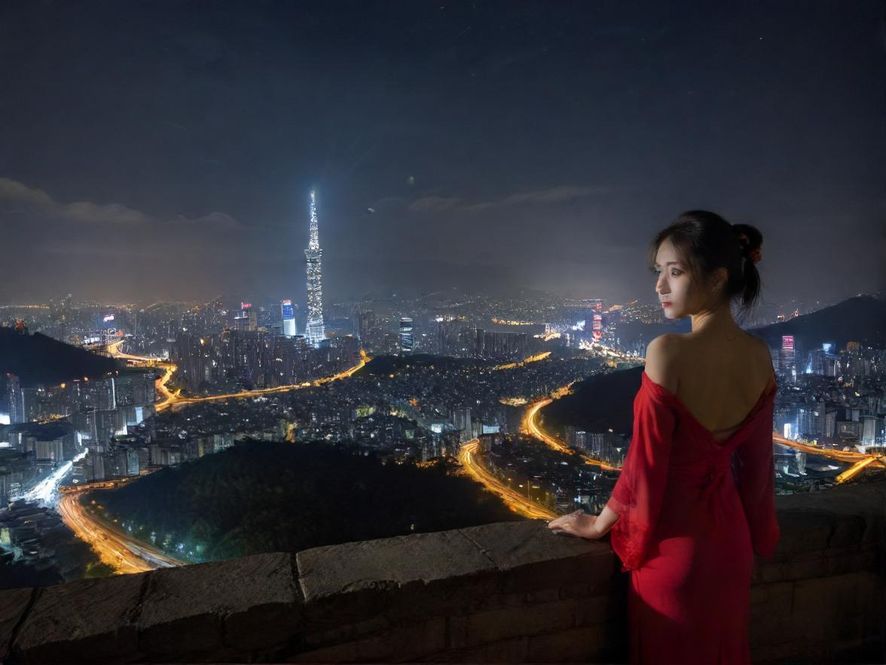 手机屏幕显示社区信息流，背景虚化城市夜景