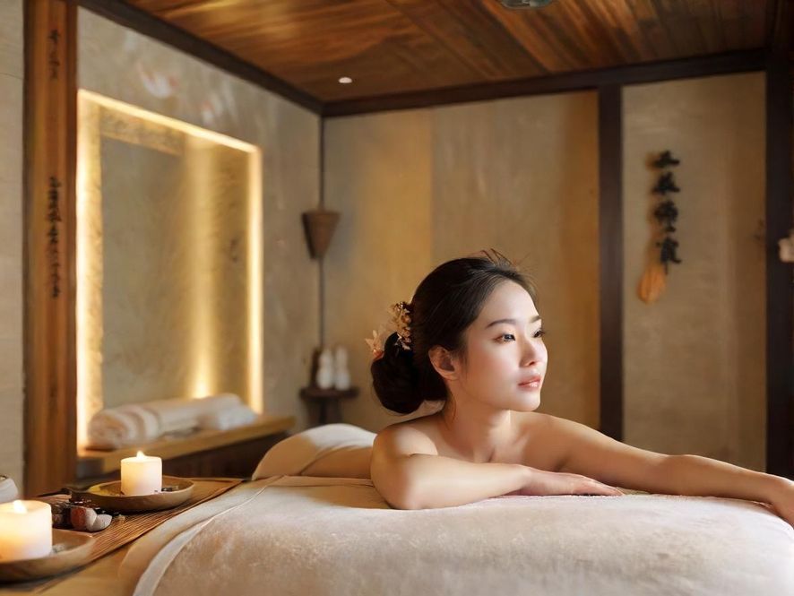 奢华休闲会所内部,灯光柔和,环境优雅,展现高端放松体验。