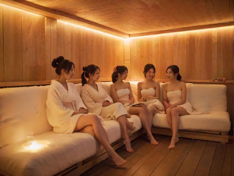 桑拿室内休息区，柔和灯光下的舒适沙发和亚洲风格装饰