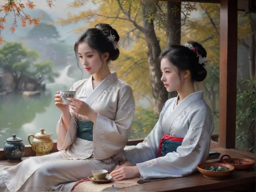 在柔和灯光下的雅致茶室中,一位女性正在进行品茶互动,近景特写展现了茶具和温馨的氛围。