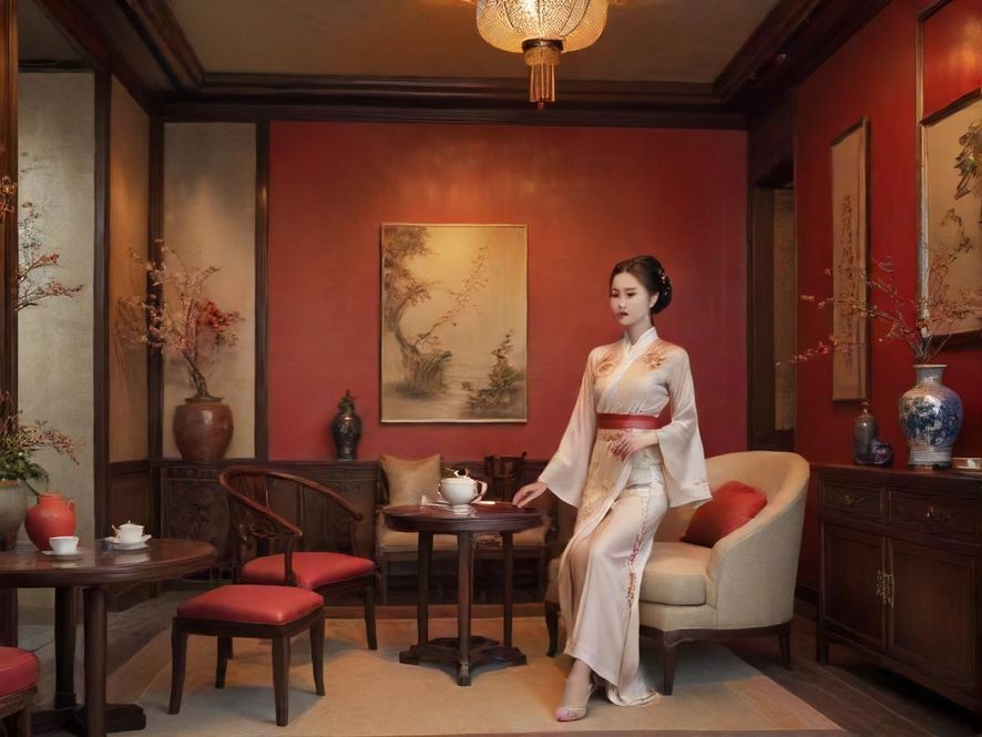 广州私密茶室的温馨一角,暖色灯光下,茶具摆放雅致,营造出私密放松的氛围。