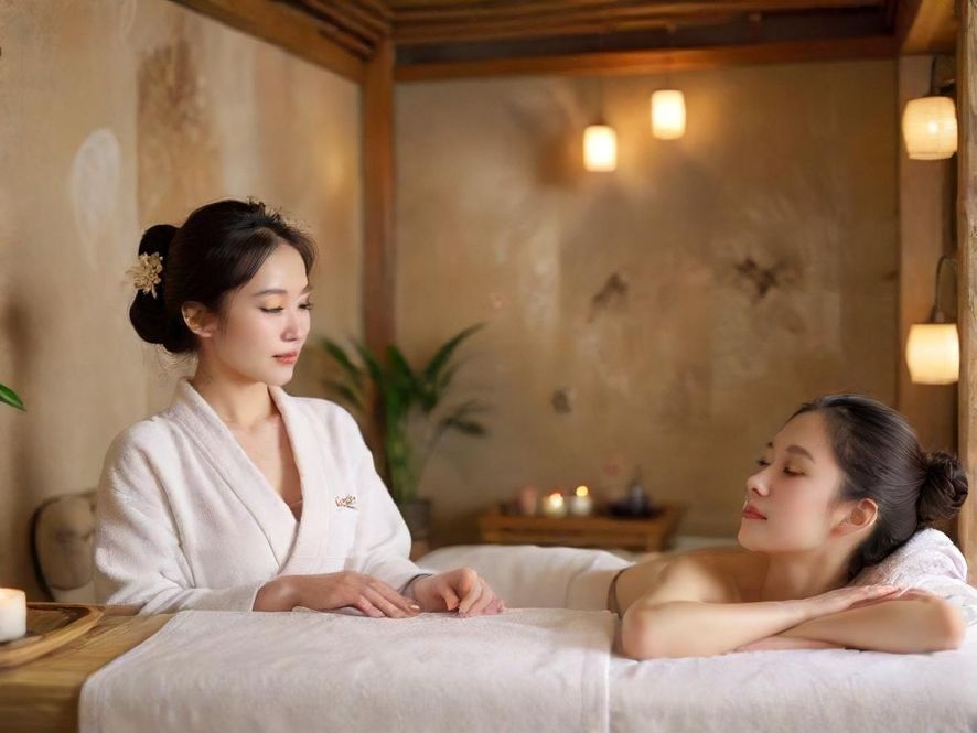 广州一家设计现代简约的奢华SPA会所内部休息区,灯光柔和,氛围舒适