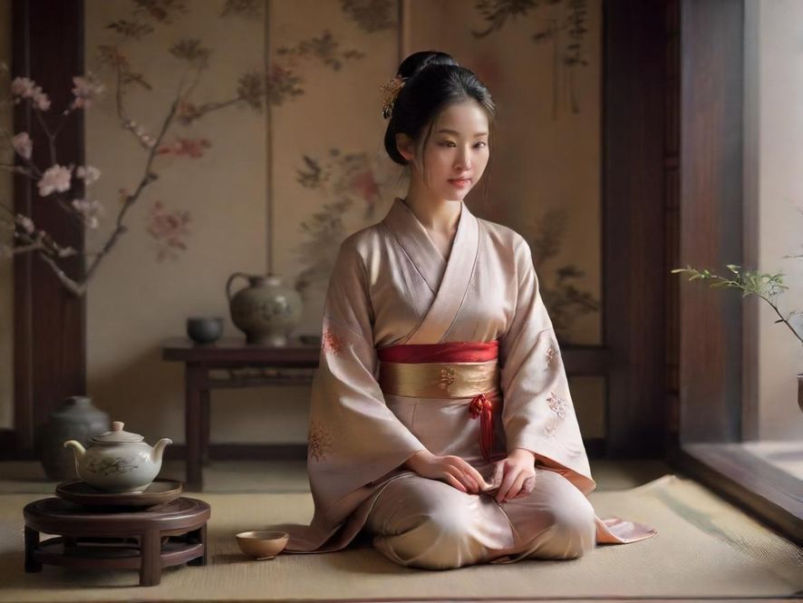 禅意茶道空间,细节特写,柔和光线,营造出宁静的氛围。