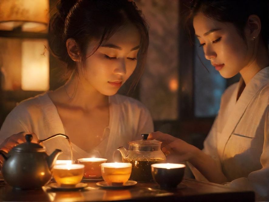 一位茶艺师正在聚精会神地进行茶道表演,光影效果唯美,背景是雅致的私人会所内部。