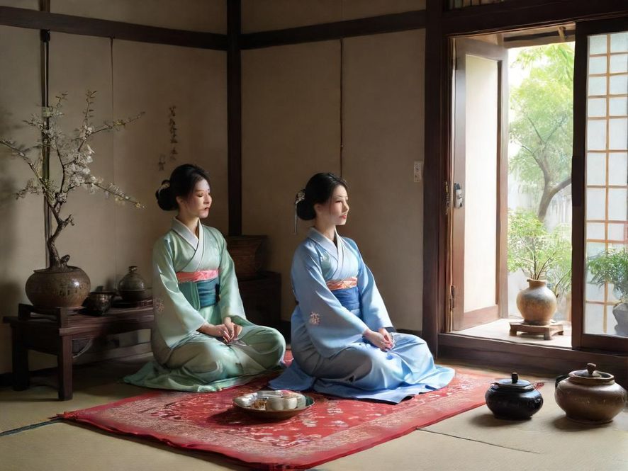 广州奢华茶馆内景,暖色调灯光下,幽静的包厢显得格外舒适,茶具精致摆放。