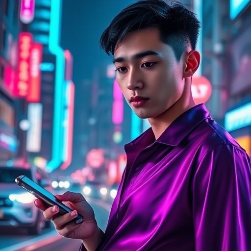 一位年轻男子在深圳夜景下专注地看着手机上的桑拿论坛