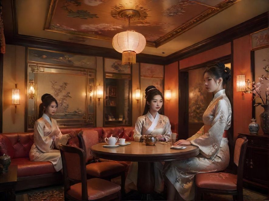 一间布置雅致、充满中式古典韵味的茶室,光线柔和,茶具摆放考究,营造出宁静舒适的氛围。