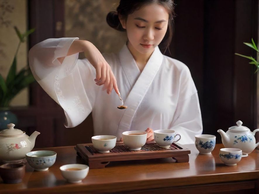 茶艺师正在精心冲泡茶,细节之处尽显雅致与专业。