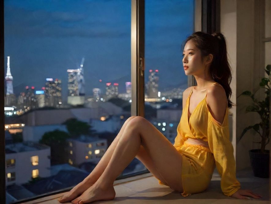 一位疲惫的都市白领在公寓窗边凝望夜景