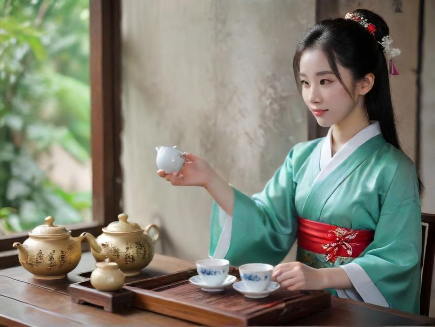 一个私密空间内,一套精致的茶具在柔和的光线下显得格外艺术。