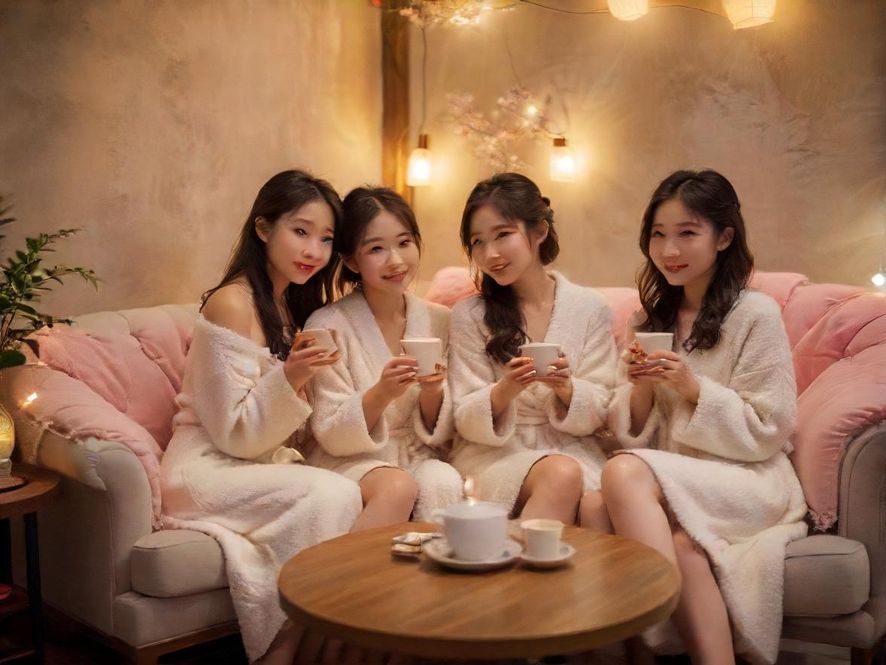 广州一间温馨舒适的休闲茶室,灯光柔和,沙发宽敞,营造出宁静放松的氛围。