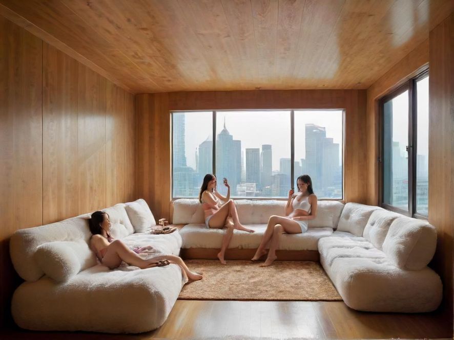 广州情报站桑拿114的休闲区,落地窗外是城市夜景,内部温馨舒适。