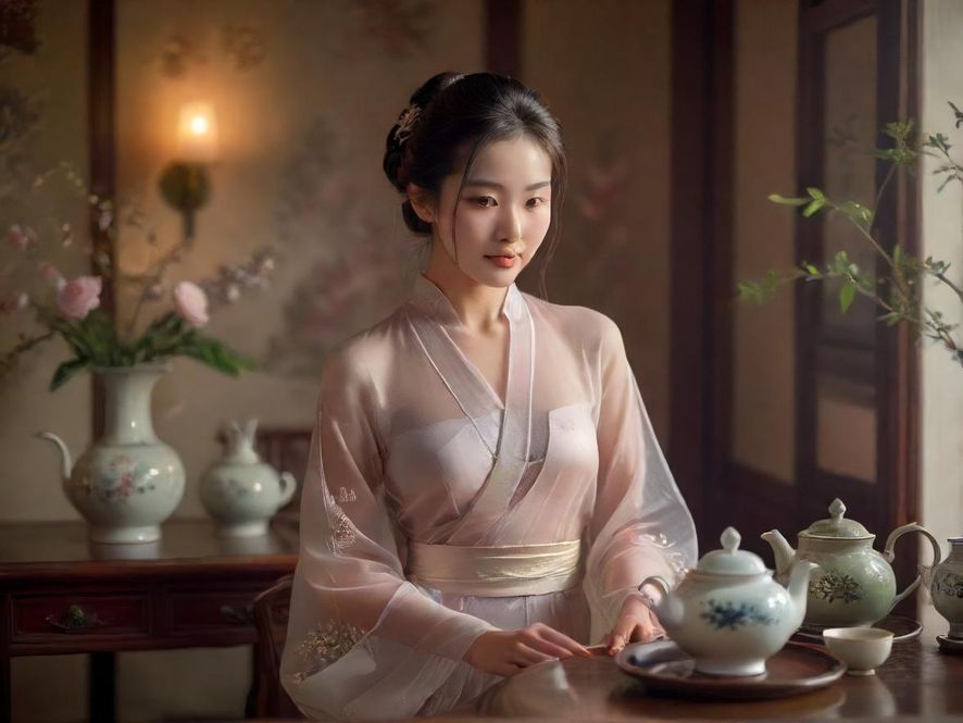 雅致的茶室一角,茶具在柔和的光线下闪耀