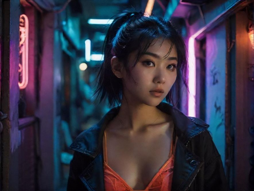 一位潮玩青年在充满霓虹灯的城市小巷中,展现都市休闲娱乐的独特魅力。