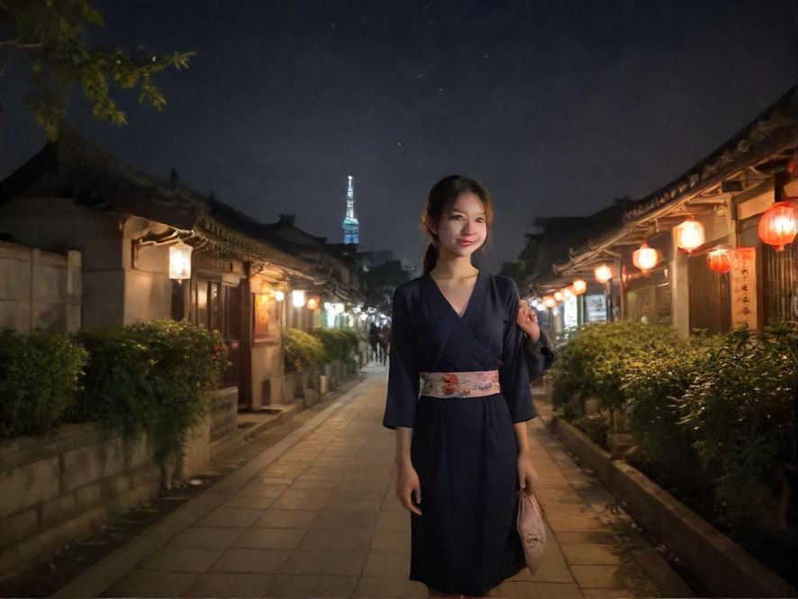 都市夜景下，一个人走向娱乐场所入口的背影