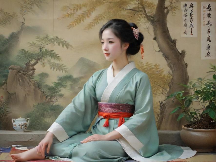 一位优雅女性在广州犬马之家品茶,营造东方美学意境