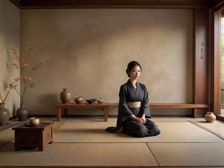 现代东方禅意风格的茶室内部,简洁的线条,自然的材质,营造出一种宁静致远的氛围。