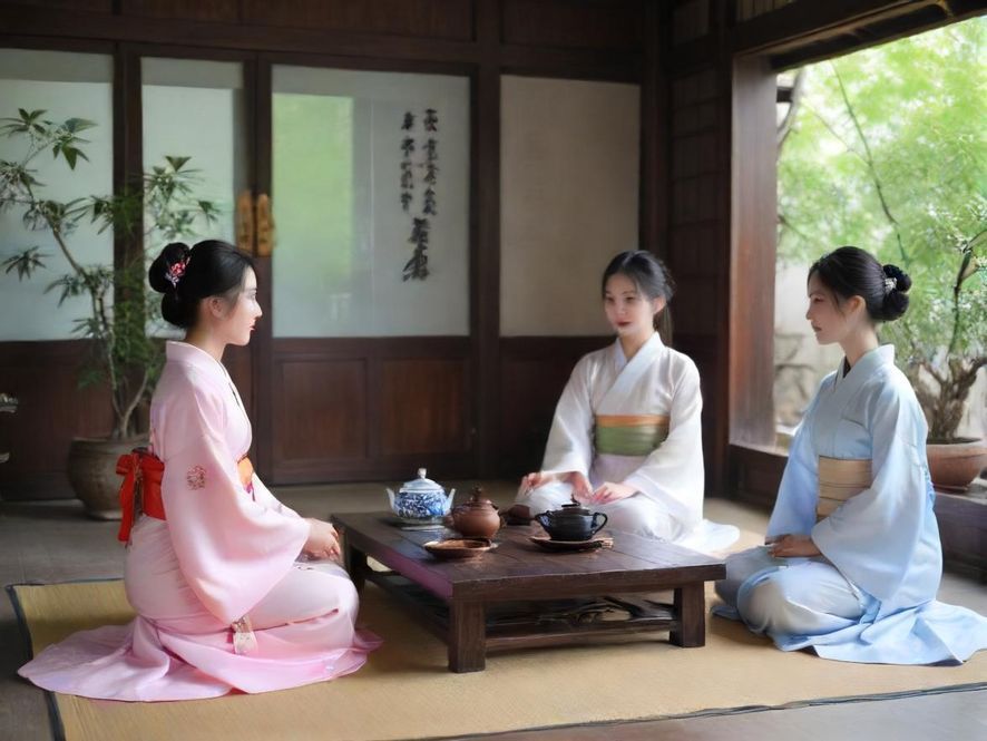 一间布置温馨、光线柔和的茶室内部