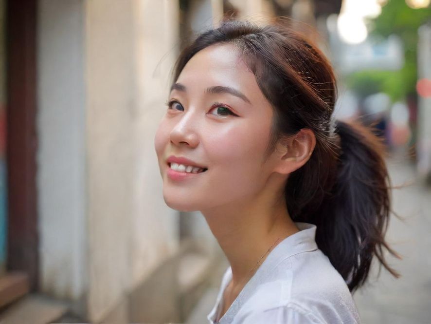 一位面带微笑、神态轻松愉悦的年轻女性,侧身特写,背景模糊展现出休闲氛围。