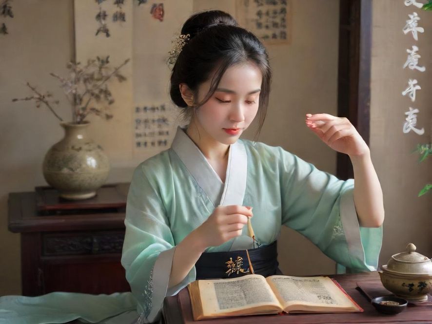 一位女性在温馨雅致的茶室中，陶醉地品尝着精致茶点，享受着宁静而满足的时刻。