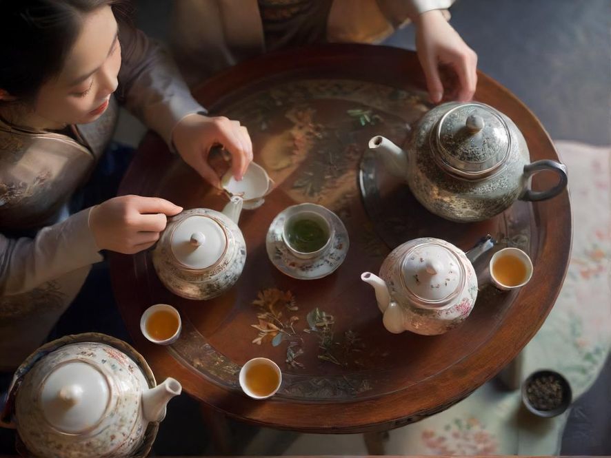 一盏清茶与嫩芽,暗示高品质的茶道体验