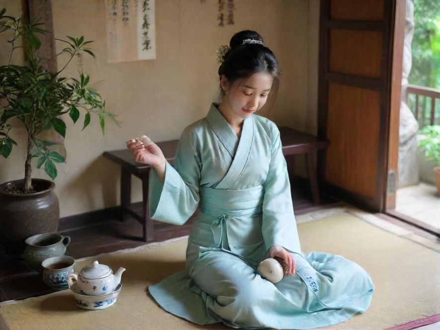 一位气质优雅的女士在深圳一间温馨茶室中品茶,阳光透过窗户洒落在她身上,营造出宁静而美好的氛围。