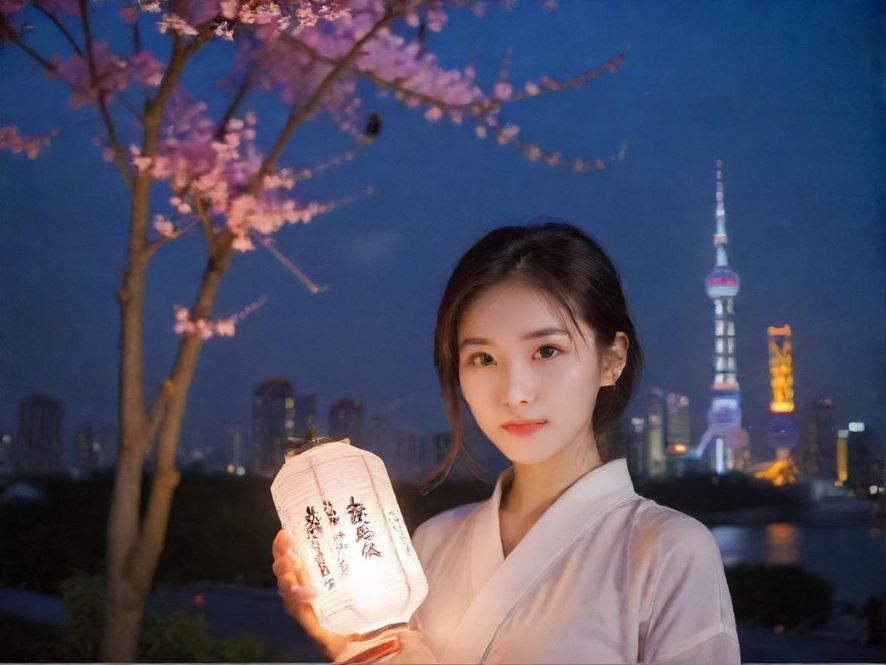 一位面带自信微笑的魅力女性,特写镜头,柔和的电影光线,背景是窗外璀璨的都市高楼夜景