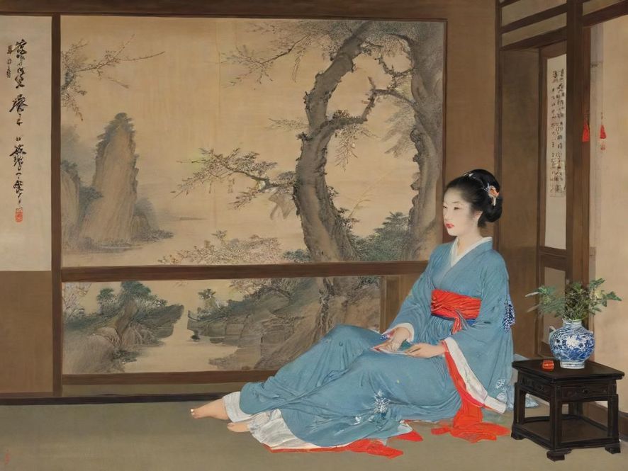 一位女士在广州典雅茶室中品茗，侧面特写展现柔和光线下的宁静与美丽。