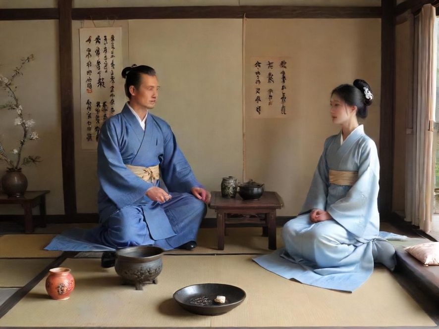 在温馨雅致的茶室里,一位优雅的女性与一位男士对坐,两人面带微笑,轻松愉快地交谈着。