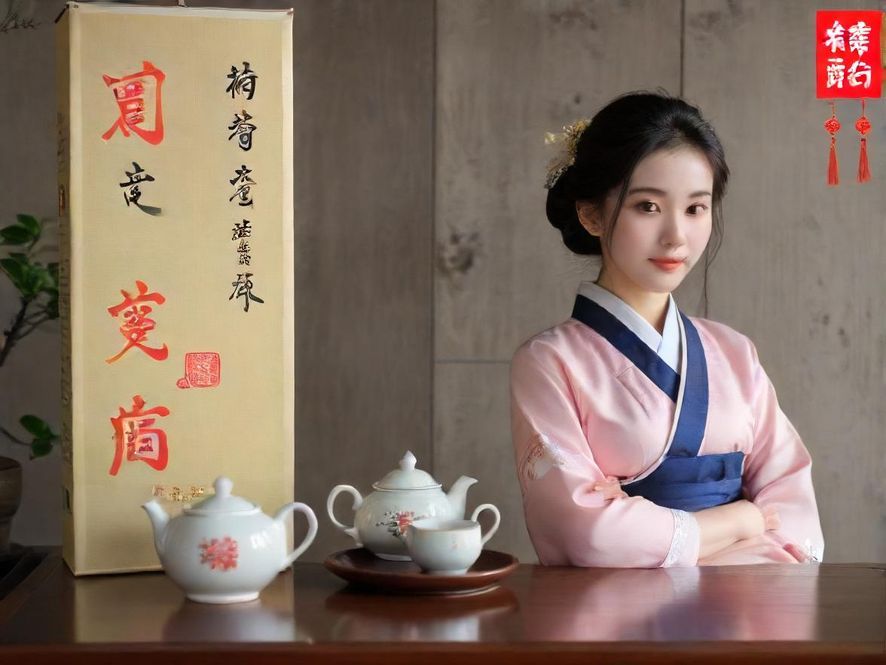 一位身着旗袍的优雅女子在窗边品茶,光线温馨,茶具精致。