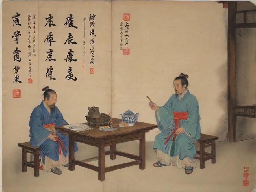 一群年轻人在现代咖啡馆里轻松愉悦地交流着,俯视的视角展现了他们融洽的氛围,仿佛正在分享着一品香论坛上的最新发现。