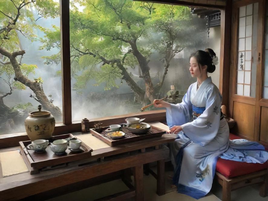 一个温馨雅致的茶室内部，暖色调灯光营造出舒适放松的氛围，桌上摆放着精致茶具。