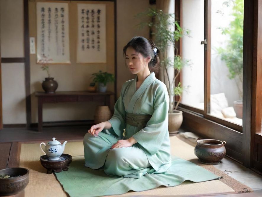 一位气质优雅的茶艺师正在为客人冲泡香茗,茶室环境温馨雅致。