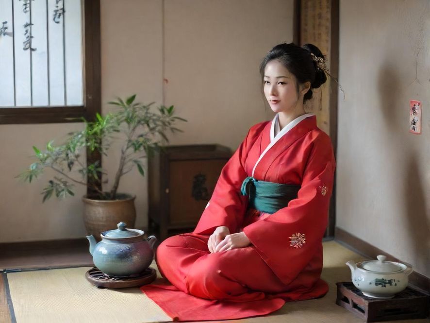 一位气质优雅的女子在广州一间温馨茶室中侧身品茶,光线柔和,氛围宁静。