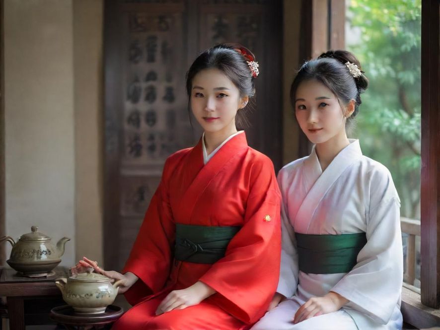在充满东方韵味的私密茶室中,两位身着华服的女子相对而坐,轻举茶盏,眼神交汇,仿佛在无声中传递着一份默契与情谊。