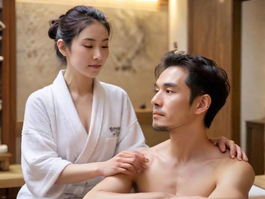 一位男士在奢华私密的SPA包间内享受抓龙筋按摩，背部特写展现放松状态