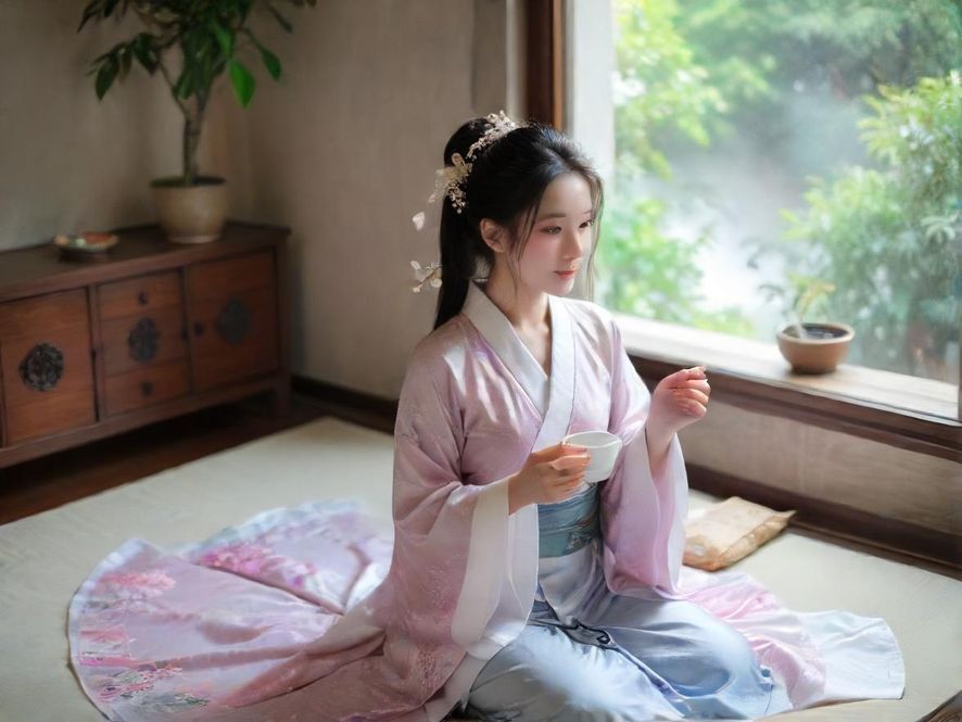 一位亚洲女性在温馨的茶室中,侧身而坐,享受着柔和光线下的片刻宁静与茶香,背景是雅致的室内装饰。